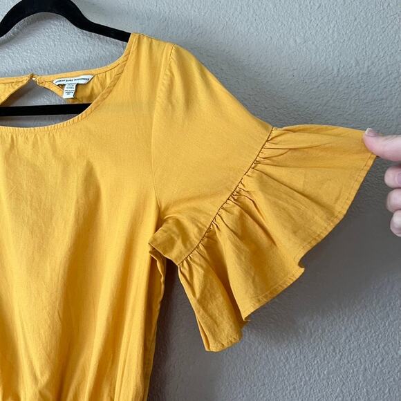 American Eagle Mustard Yellow Ruffle Sleeve Shorts Open Back Summer Romper Small - Picture 5 of 8